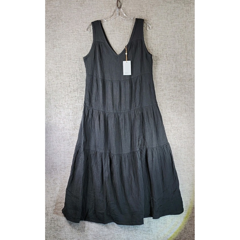 QUINCE Cotton Gauze Tiered Maxi Dress Women M Black Organic Quiet Luxury NWT